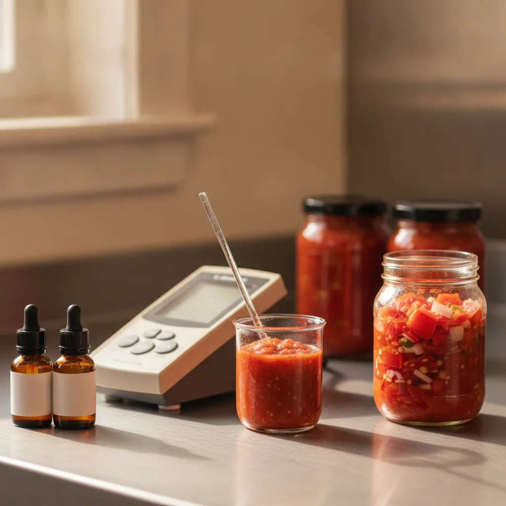 A benchtop pH meter beside a small glass of blended red salsa with a glass rod in it, an open jar of chunky salsa, two sealed jars, and two small amber dropper bottles on a stainless bench.