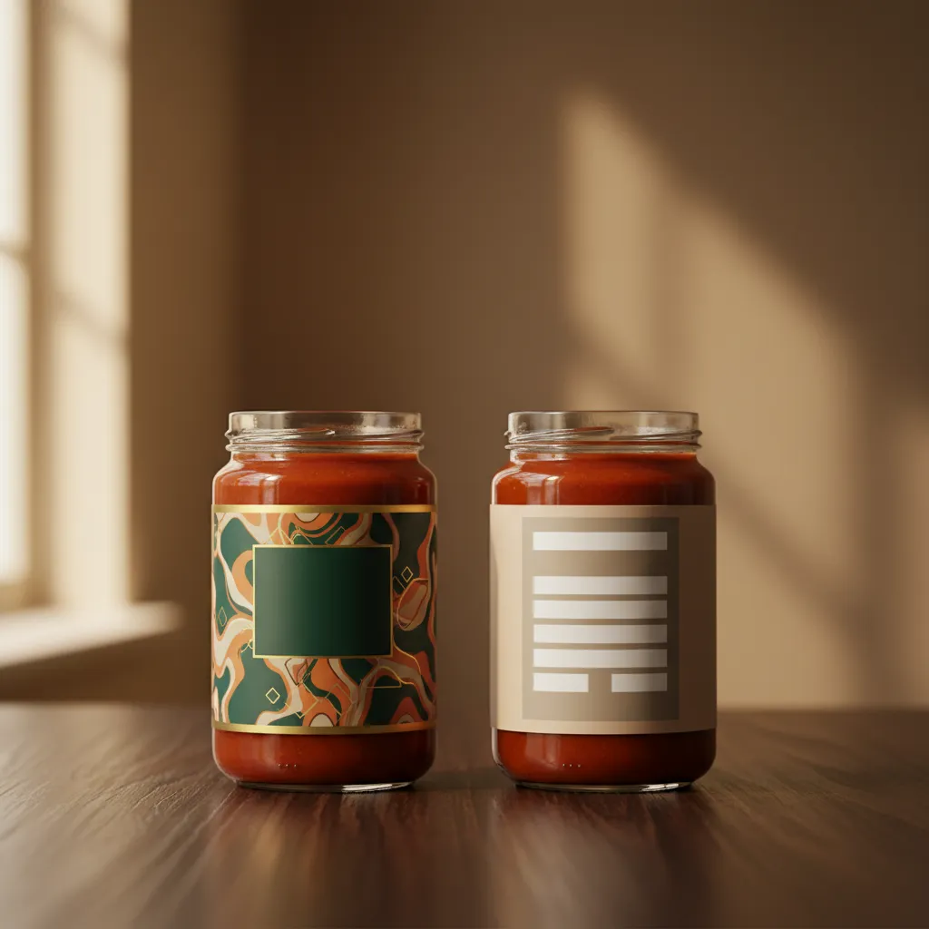 Two identical sauce jars side by side, one with a custom brand label and one with a blank private-label template, illustrating the difference
