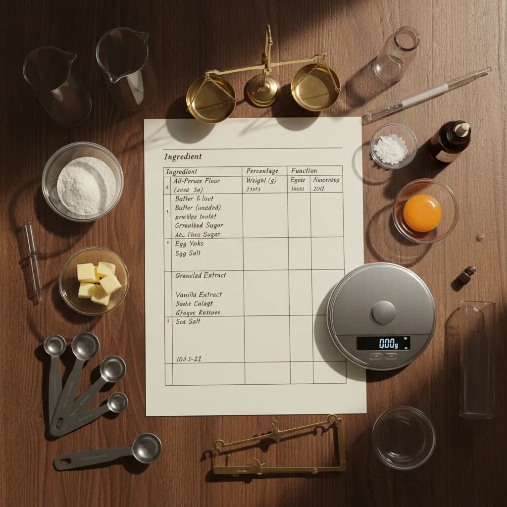 Detailed recipe formulation document alongside precision measuring equipment