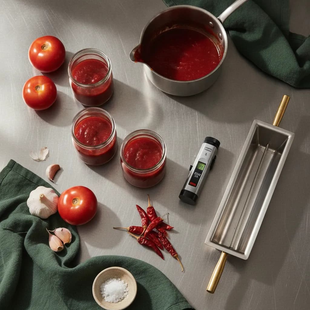 Overhead shot of unlabeled clear glass sauce jars, fresh tomatoes, garlic and dried chilies, and a refractometer on a brushed stainless steel production table in warm natural light