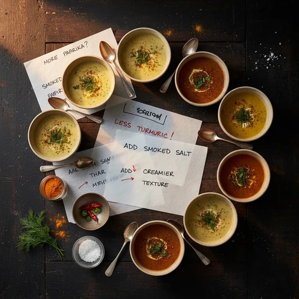 Chef reviewing and comparing multiple recipe iterations in a development kitchen