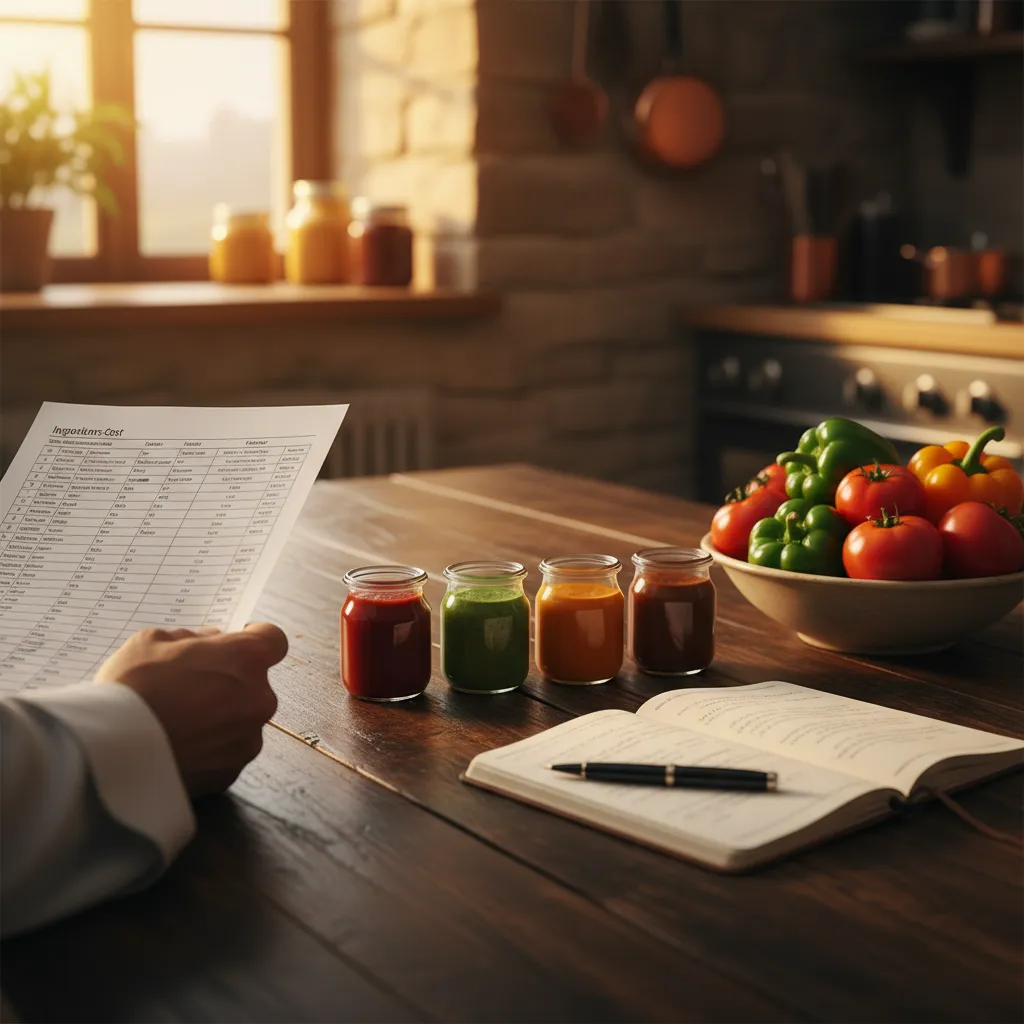 Chef-consultant analyzing ingredient cost spreadsheet next to sauce samples on a dark tasting table