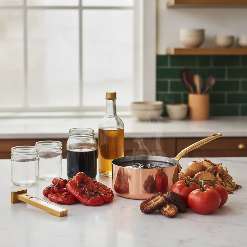 A bright test kitchen counter with a small copper pan of glossy reducing sauce beside real whole ingredients that add natural sweetness: roasted red peppers, ripe tomatoes, halved dates, caramelized onions, molasses, and cider vinegar
