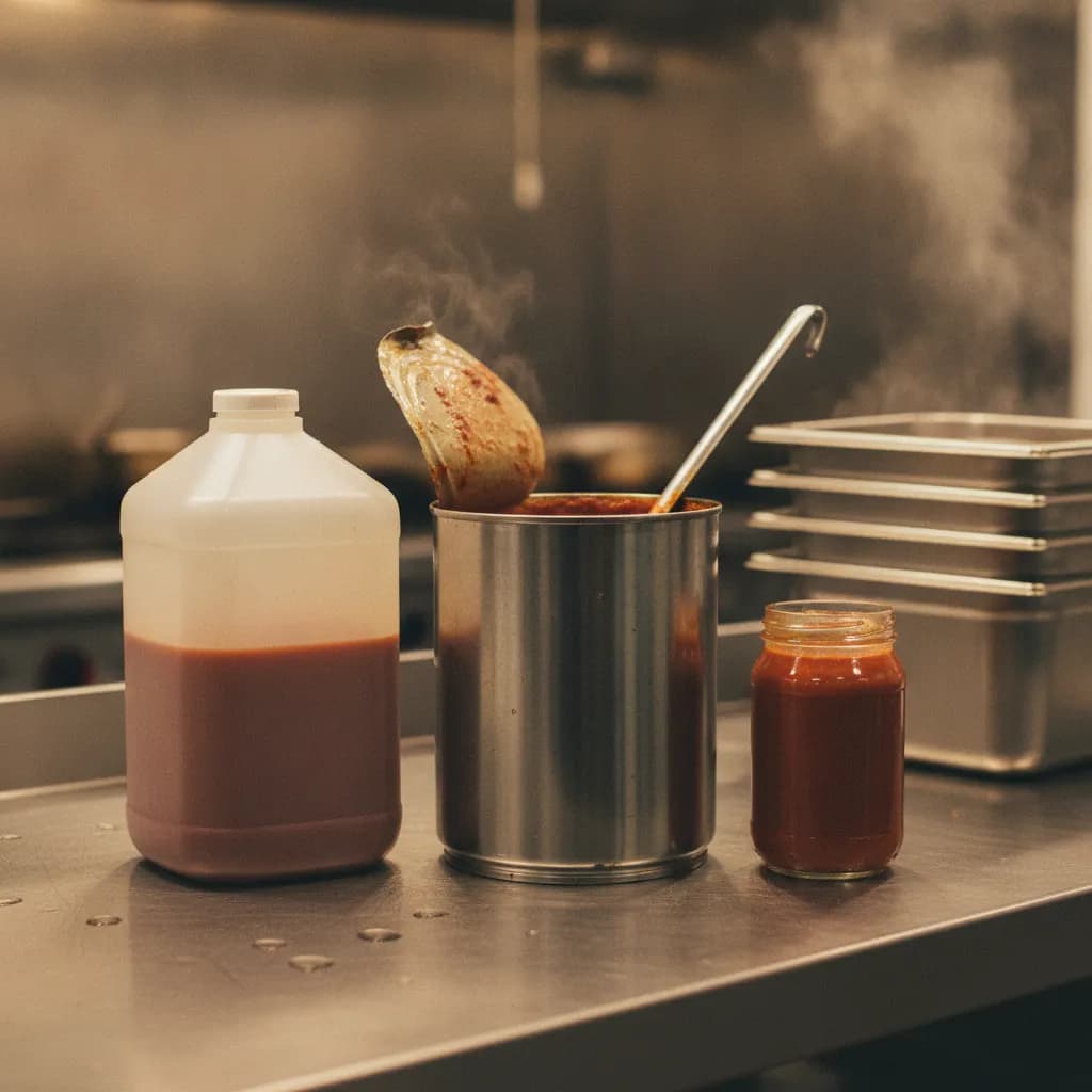 A foodservice gallon jug and a number ten can of sauce beside a retail jar on a stainless prep counter in a commercial kitchen