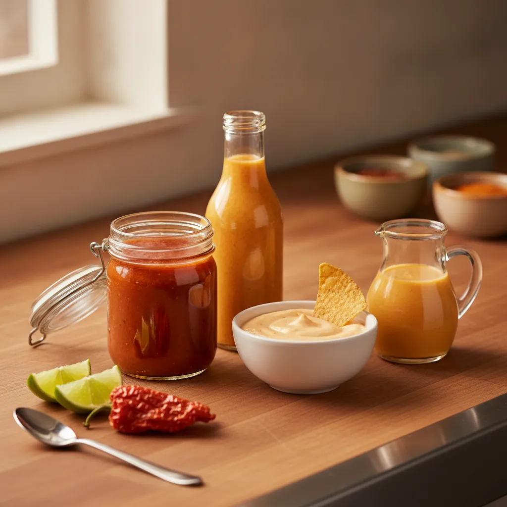 A test-kitchen bench with one red-orange chile flavor shown four ways: a jar of sauce, a bottle of thin marinade, a bowl of thick dip with a chip, and a cruet of creamy dressing.