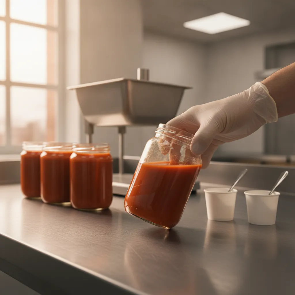 A gloved hand tilts a glass jar of red-orange sauce on a stainless test-kitchen bench, showing a thin layer of clear liquid pooled on its surface.