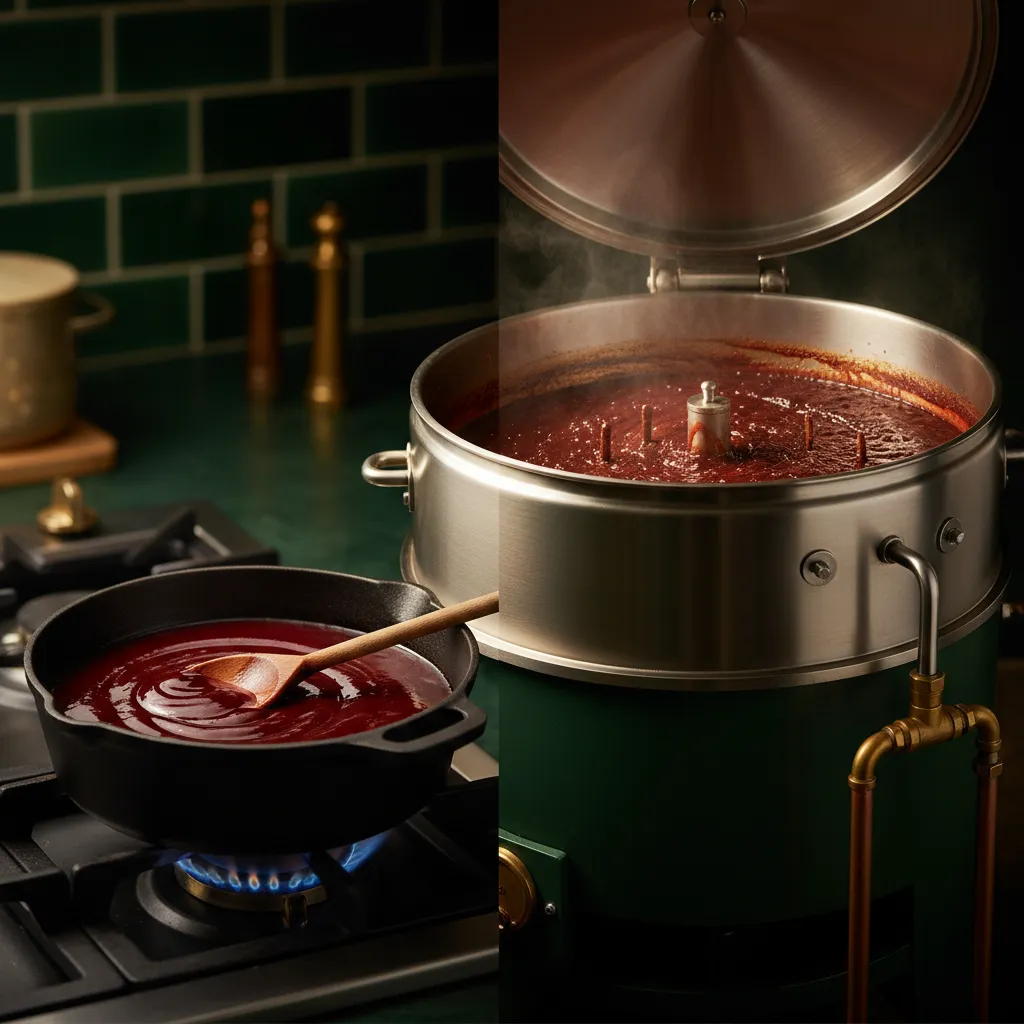 Steam-jacketed kettle with thick sauce being measured on a Bostwick consistometer in a production facility