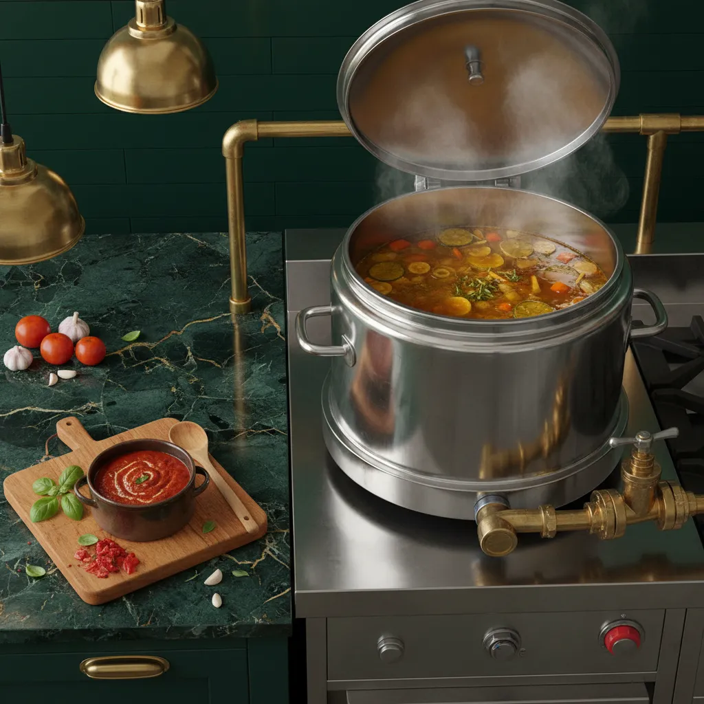 Professional kitchen equipment next to commercial manufacturing kettles illustrating the scale-up journey
