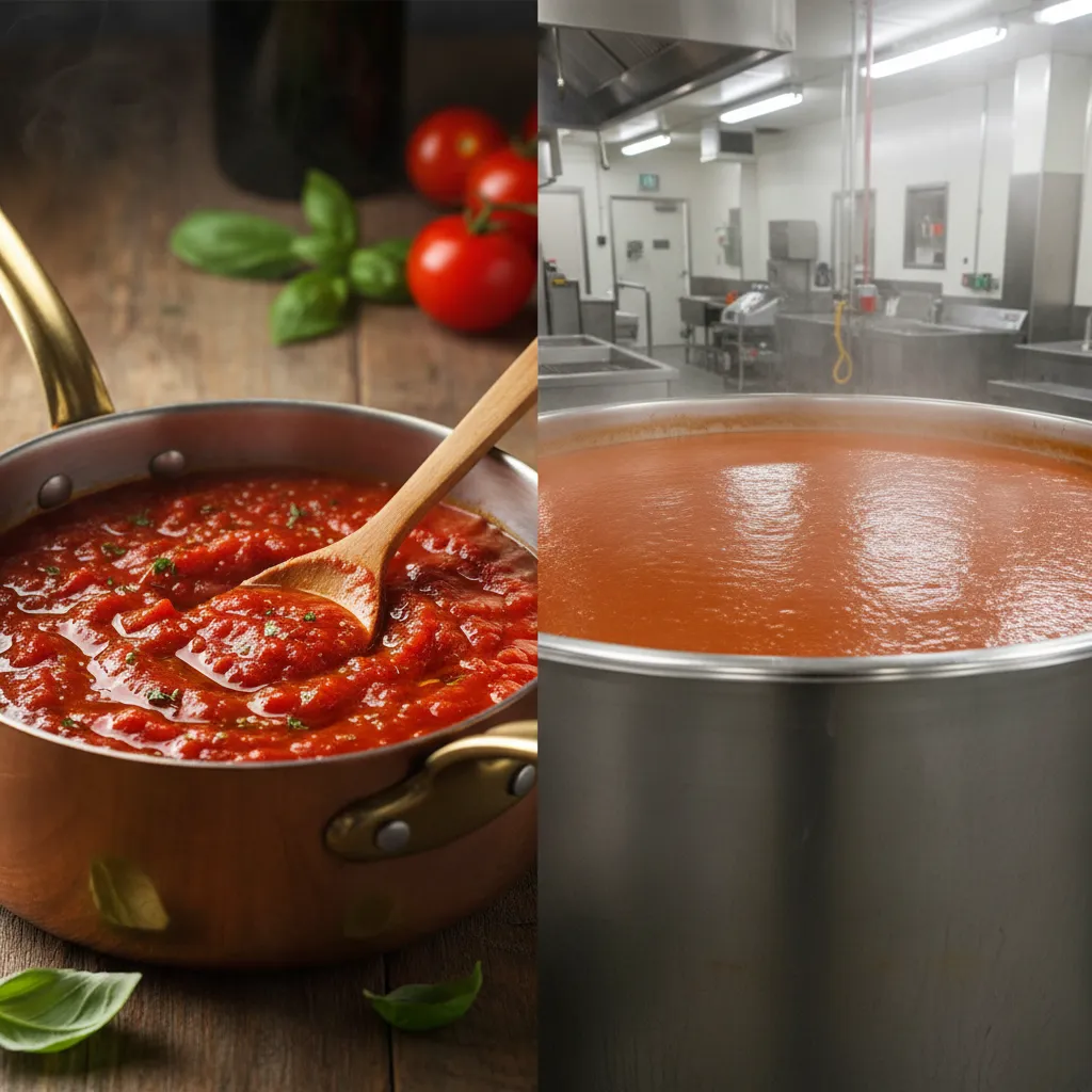Side-by-side comparison of a small batch sauce and commercial kettle showing scaling challenges