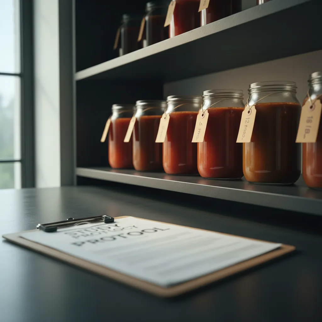 Dated product samples lined up on a shelf showing progressive months of shelf life testing