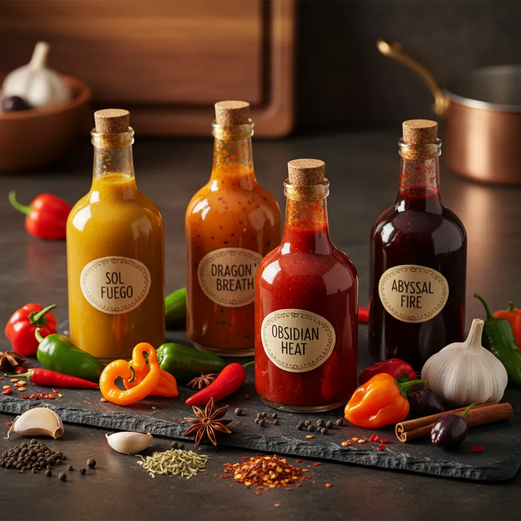 Artisan hot sauce bottles with fresh chili peppers and spices arranged on a dark surface