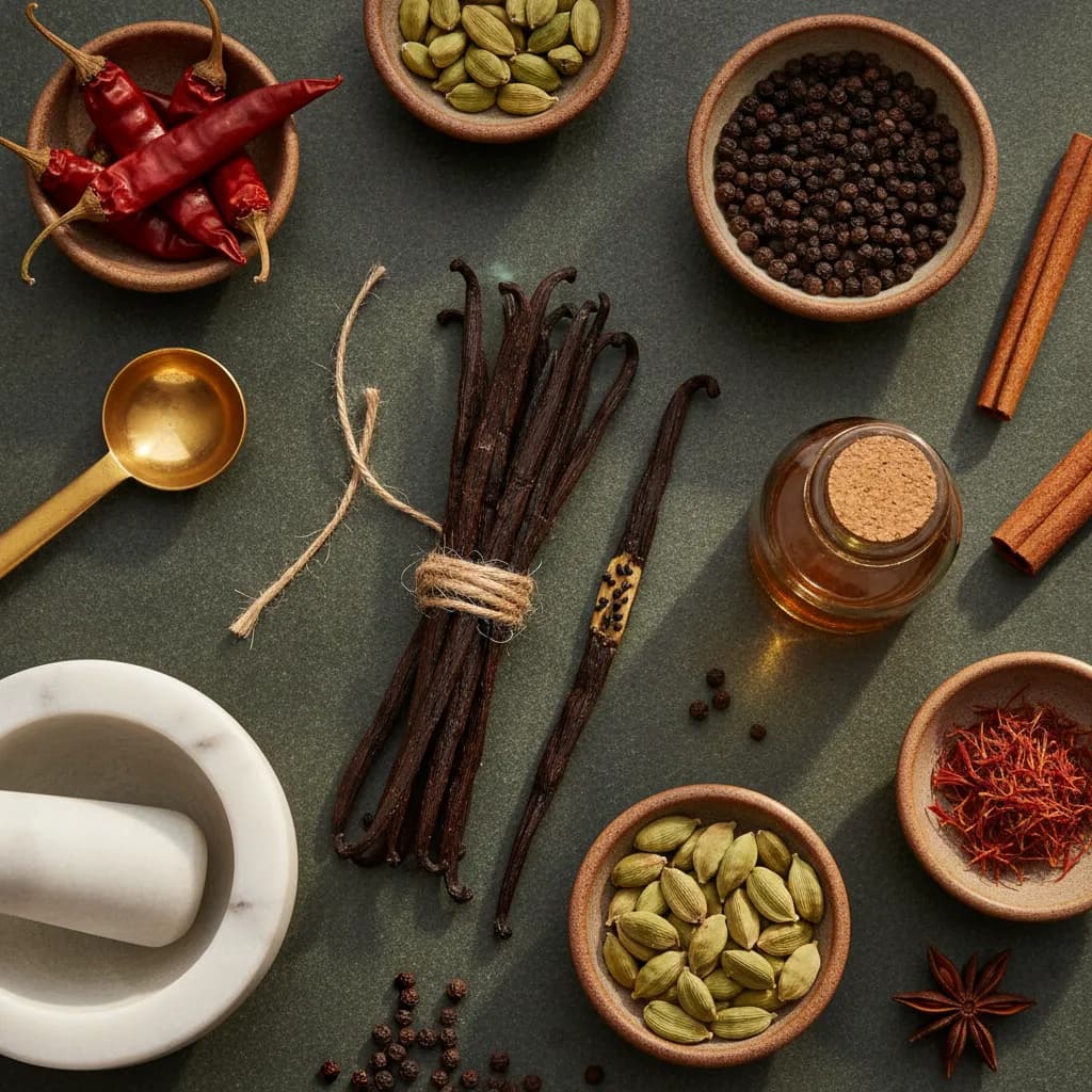 Whole vanilla beans, dried chilies, cinnamon quills, black peppercorns, and green cardamom pods arranged on a dark surface beside a small glass jar of amber vanilla extract in warm natural light