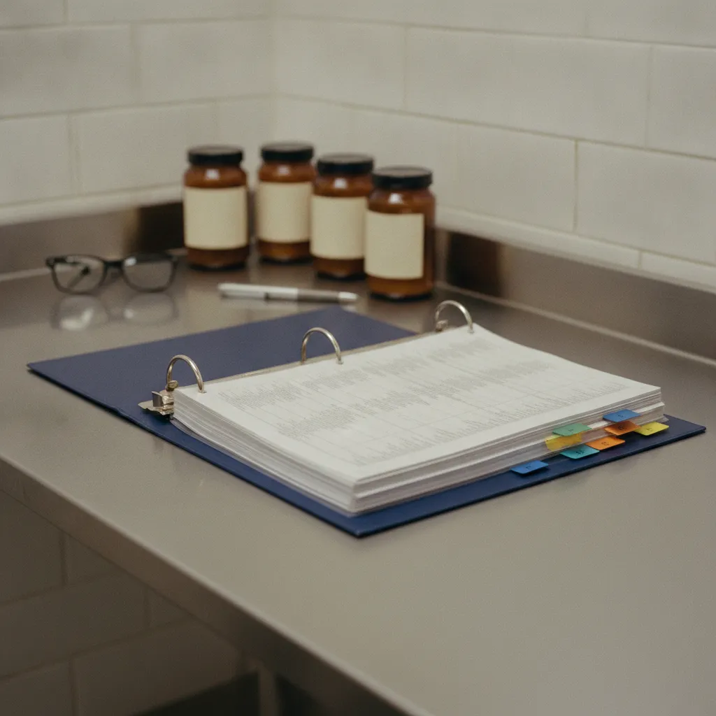 A binder of ingredient specifications and certificates of analysis open on a stainless steel table beside labeled sauce jars in a production facility