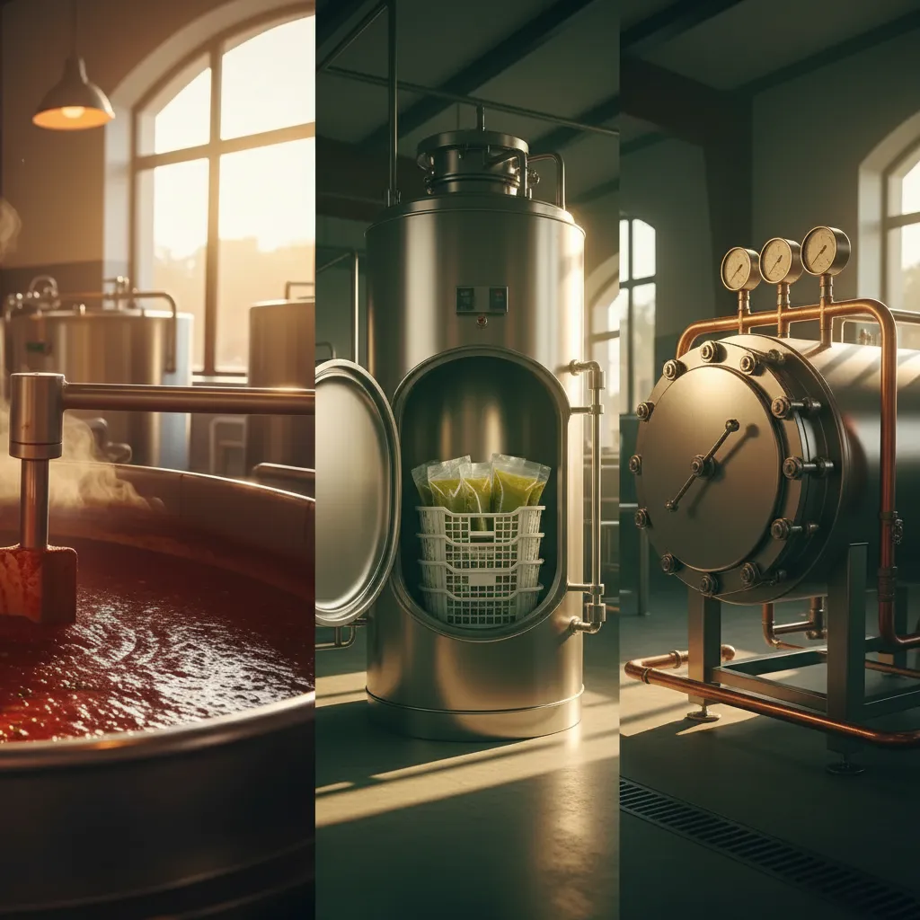Side-by-side production imagery of a hot-fill kettle, an HPP vessel, and a retort unit in an artisan facility