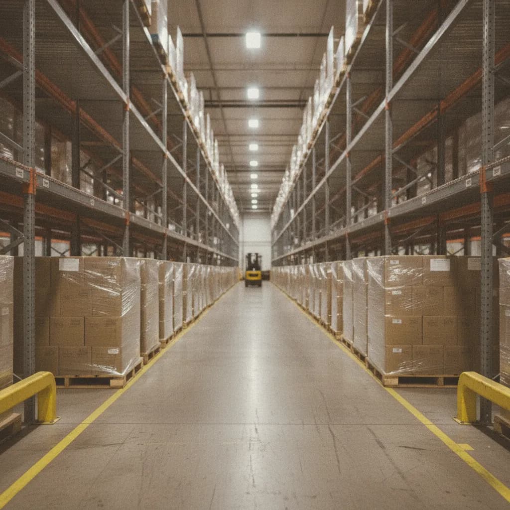 Palletized cases of sauce jars staged for a distributor shipment beside a laptop showing an item setup form