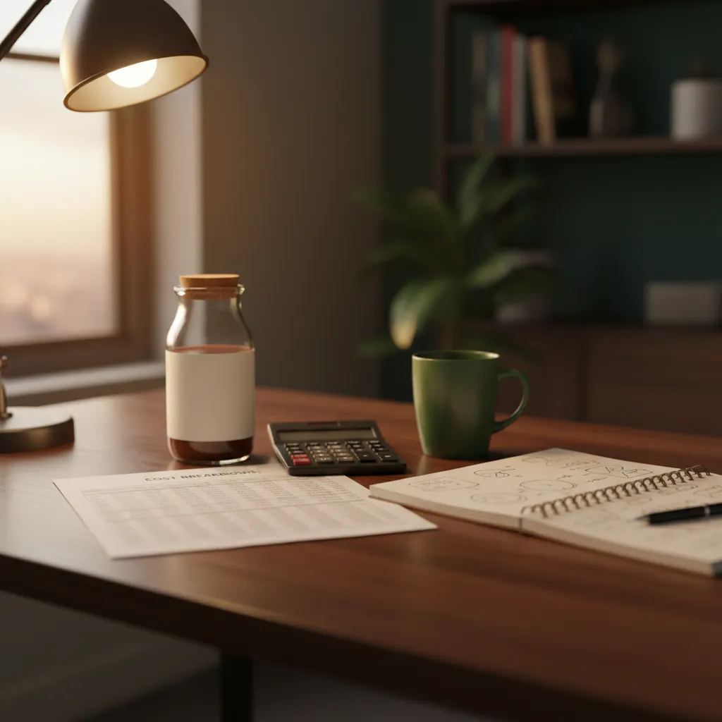 Printed spreadsheet showing cost-per-unit breakdown next to sauce jar and a pen, in a founder's workspace