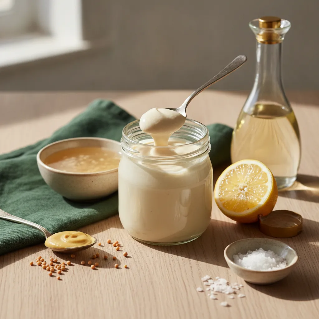 A clean glass jar of thick, glossy, pale-ivory egg-free vegan mayonnaise on a spoon, surrounded by chickpea aquafaba, yellow mustard seeds, a halved lemon, and a cruet of neutral oil on a pale-oak surface in soft daylight