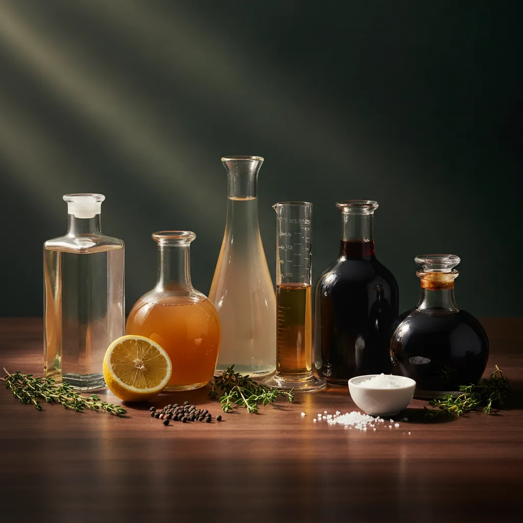 Lineup of different vinegar bottles next to a pH meter on a dark formulation bench