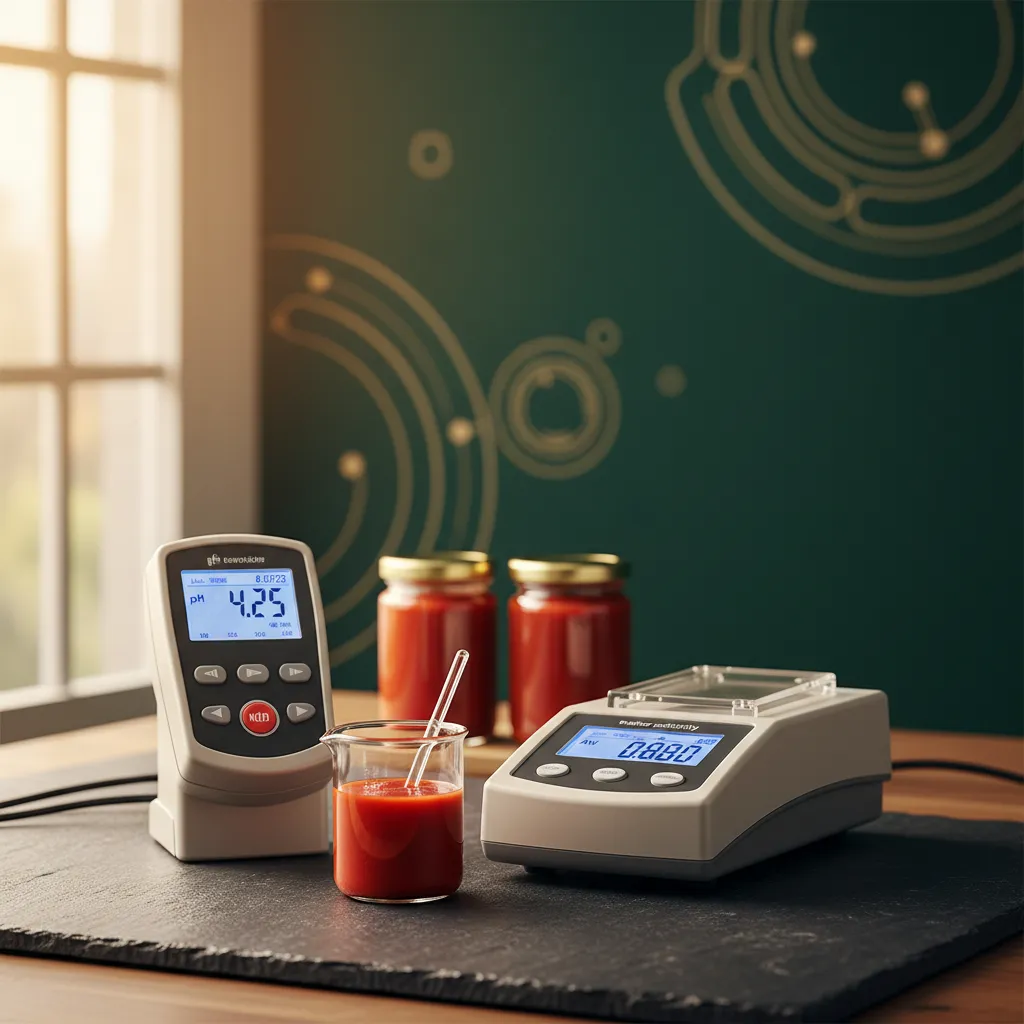 Lab-style close-up of a pH meter and water activity reader beside jars of sauce on a dark countertop