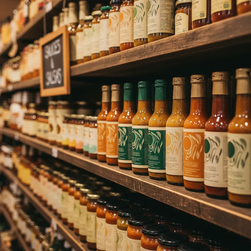 Organized retail grocery shelves stocked with clean-label sauce and condiment jars under warm lighting